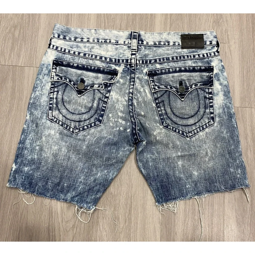 True Religion Jeans Shorts Mens 38 Ricky Relaxed Super T Flap Acid Wash Denim